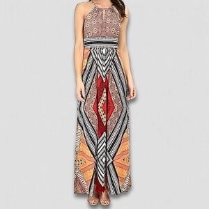 NWOT London Times Maxi Dress Halter Boho Paisley Stretch Multicolor Women's 14